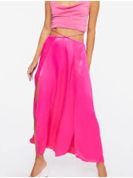 Forever 21 Hot Pink Fuschia Satin Maxi Skirt With Side Slit Waist Tie